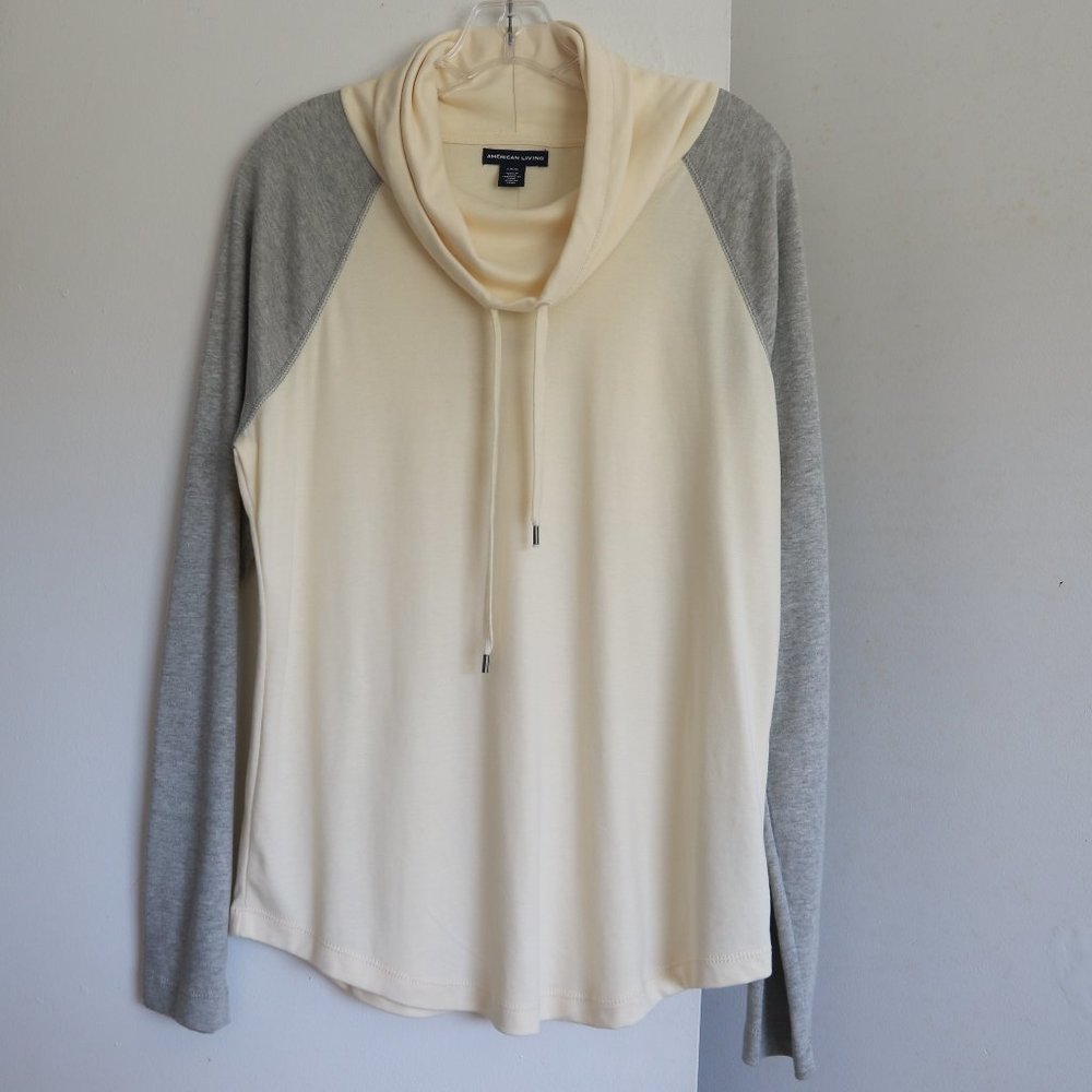 American Living Long Sleeve Sweatshirt L Shirt 100% Cotton Cowl Neck Top Cream